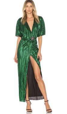 House of Harlow 1960 XS Emerald Green Metallic Pleated Maxi Dress Slit Glam NWT